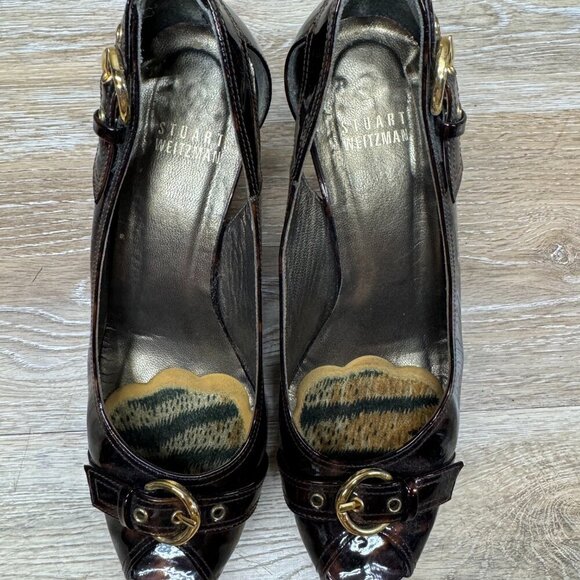 Stuart Weitzman Tortoise Shell Patent Leather Peep Toe Heels Women's Size 7 - Picture 2 of 6